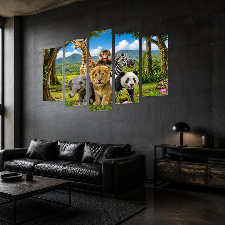 Jungle Animals 2 in Vivid Color — five-panel wall art in perspective interior | 5wallart 52008 M2