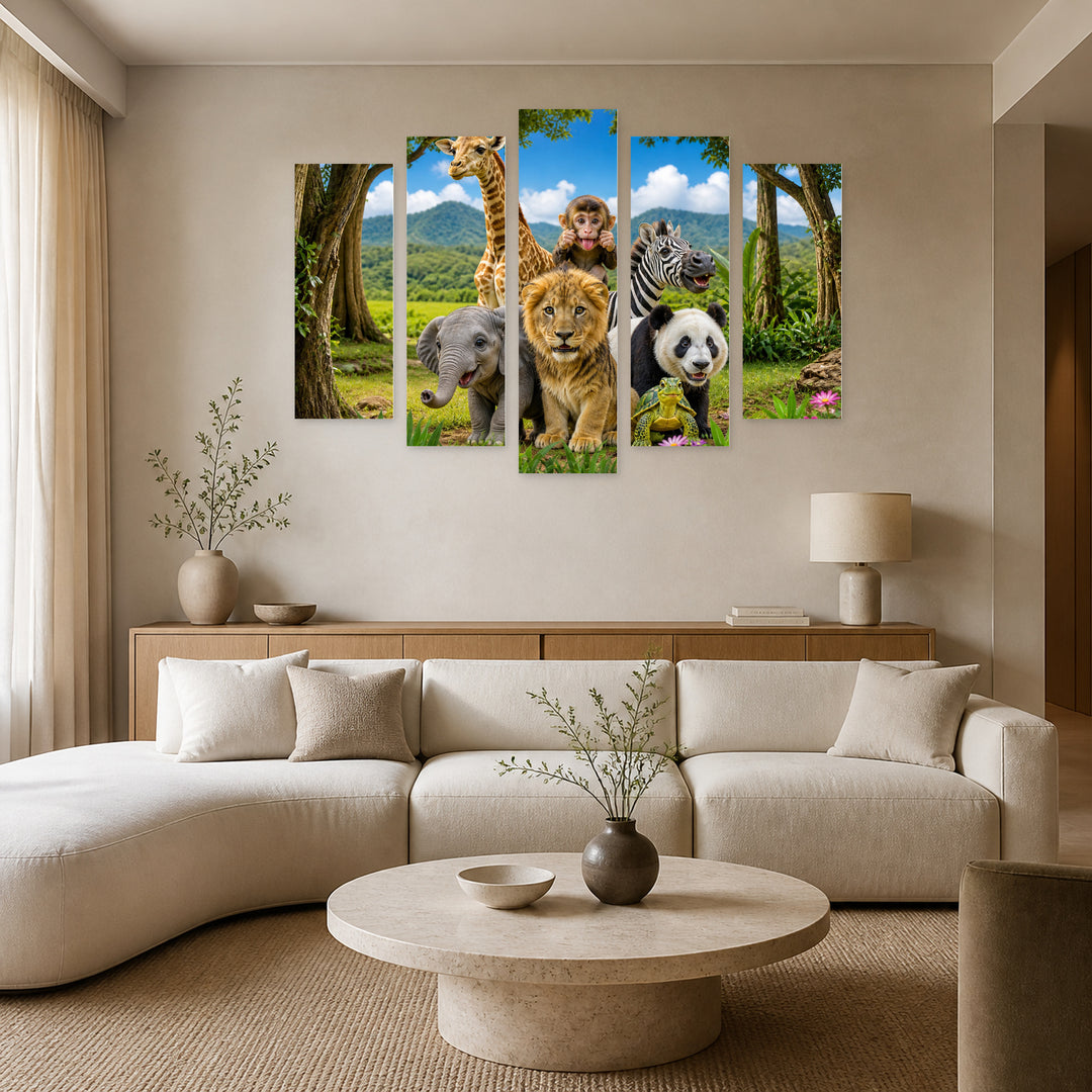 Jungle Animals 2 in Vivid Color — five-panel wall art in alternate frontal interior | 5wallart 52008 M4