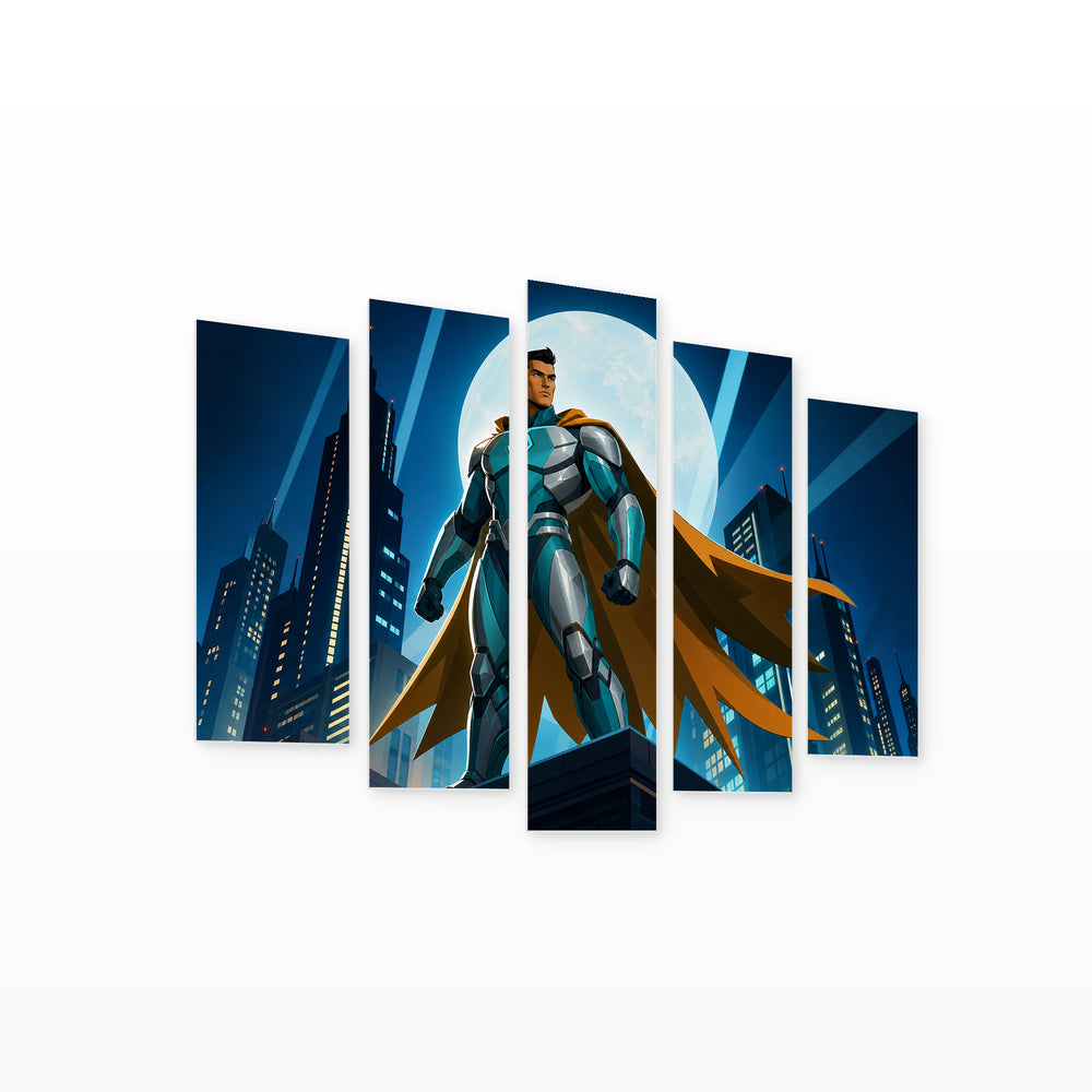 Flying Comic Hero 2 at Night — five-panel wall art on white background in perspective | 5wallart 52017 M1