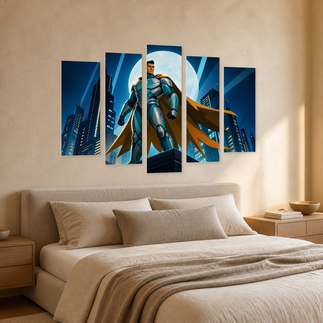 Flying Comic Hero 2 at Night — five-panel wall art in perspective interior | 5wallart 52017 M2