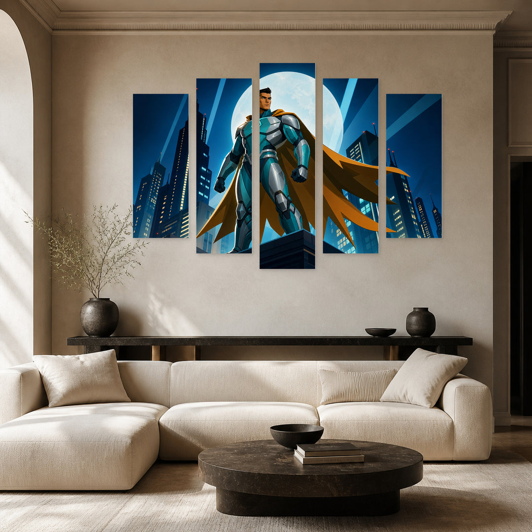 Flying Comic Hero 2 at Night — five-panel wall art in frontal interior | 5wallart 52017 M3