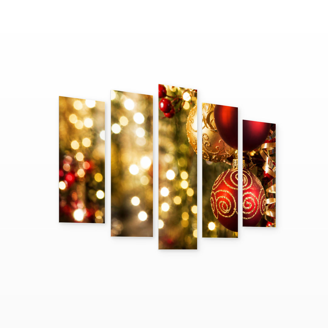 Christmas Decorations in Serene Light — five-panel wall art on white background in perspective | 5wallart 52026 M1