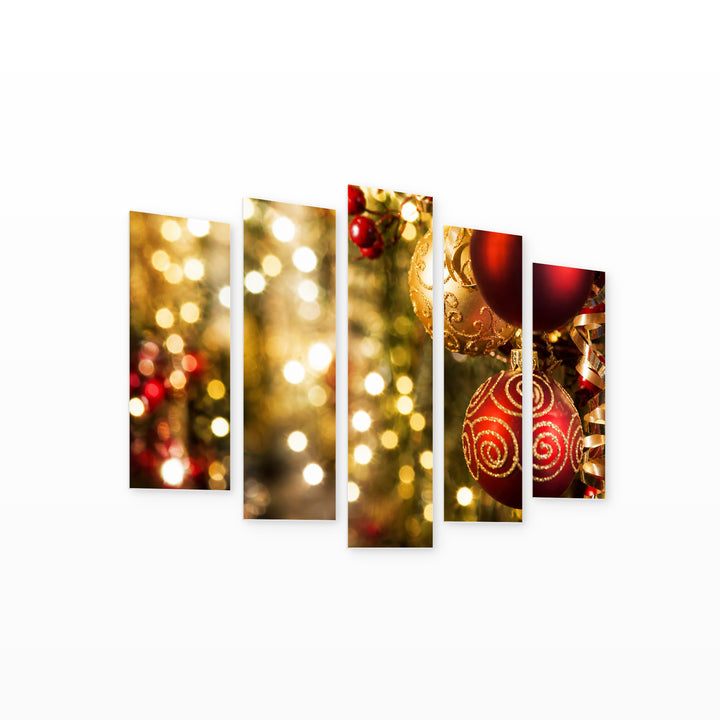 Christmas Decorations in Serene Light — five-panel wall art on white background in perspective | 5wallart 52026 M1