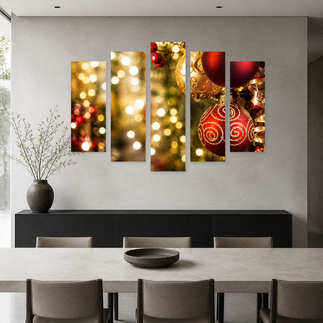 Christmas Decorations in Serene Light — five-panel wall art in frontal interior | 5wallart 52026 M3