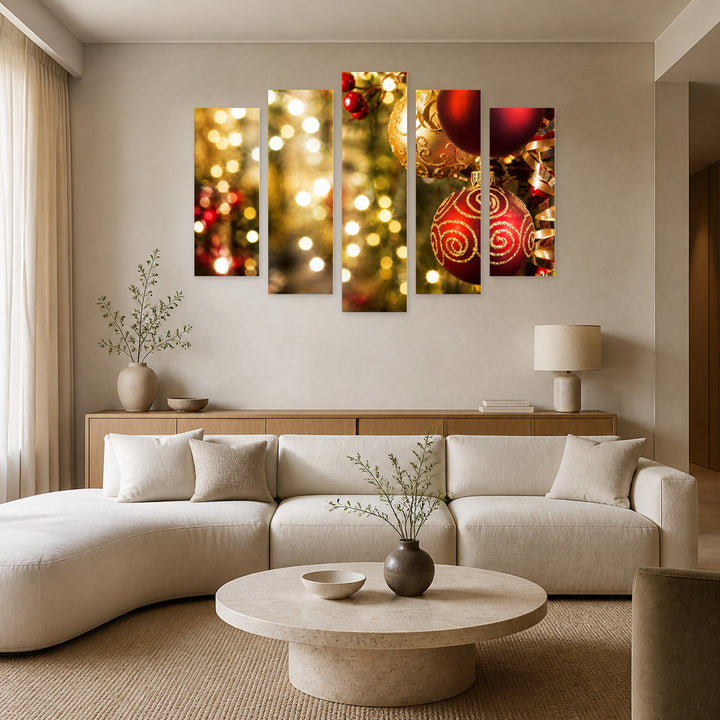Christmas Decorations in Serene Light — five-panel wall art in alternate frontal interior | 5wallart 52026 M4