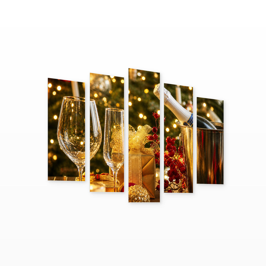 Festive Champagne Still Life — five-panel wall art on white background in perspective | 5wallart 52027 M1