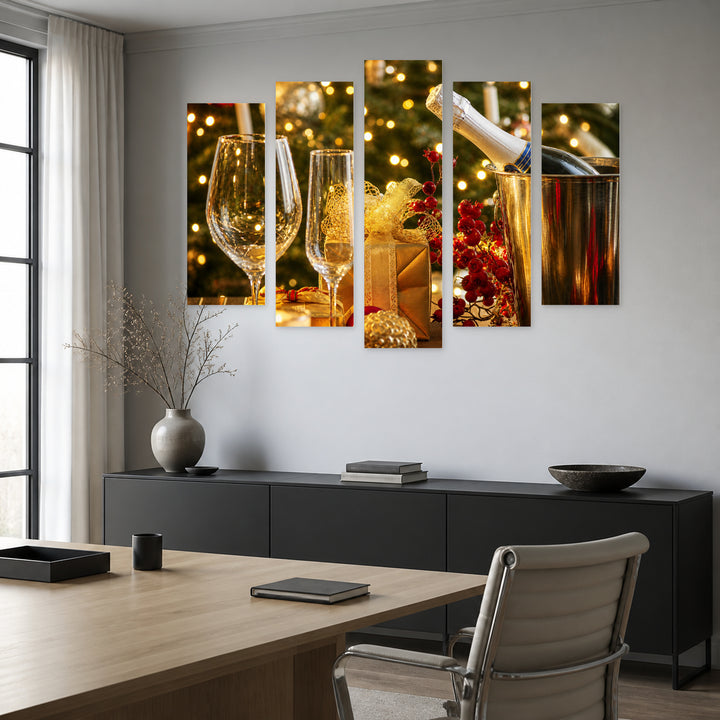 Festive Champagne Still Life — five-panel wall art in alternate frontal interior | 5wallart 52027 M4