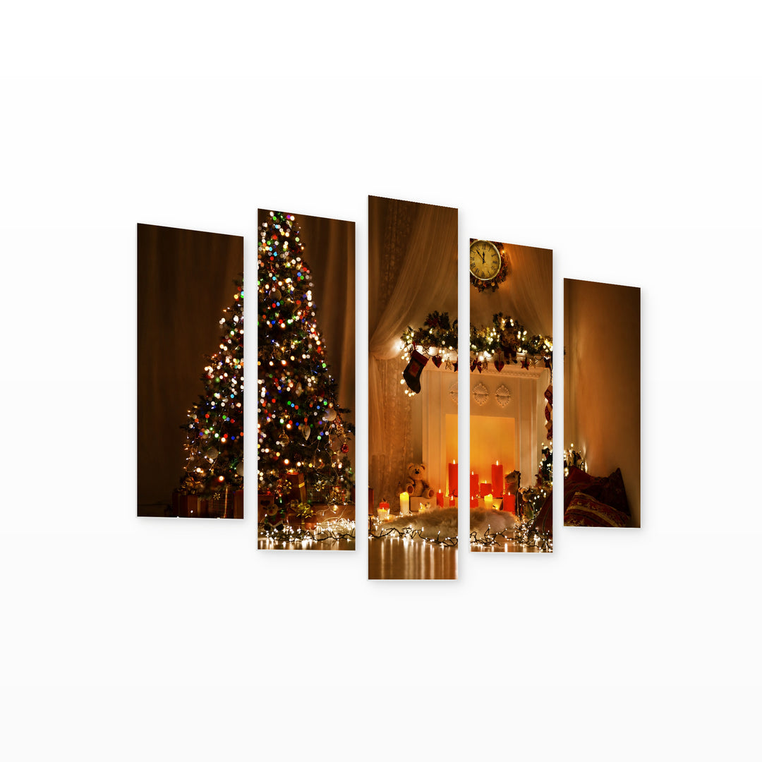 Christmas Tree and Fireplace in Serene Light — five-panel wall art on white background in perspective | 5wallart 52028 M1