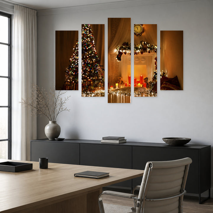 Christmas Tree and Fireplace in Serene Light — five-panel wall art in frontal interior | 5wallart 52028 M3