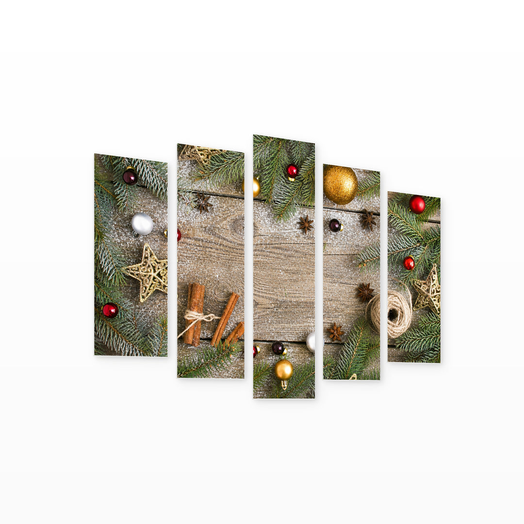 Christmas Decorations on Wooden Background Contemporary Study — five-panel wall art on white background in perspective | 5wallart 52029 M1