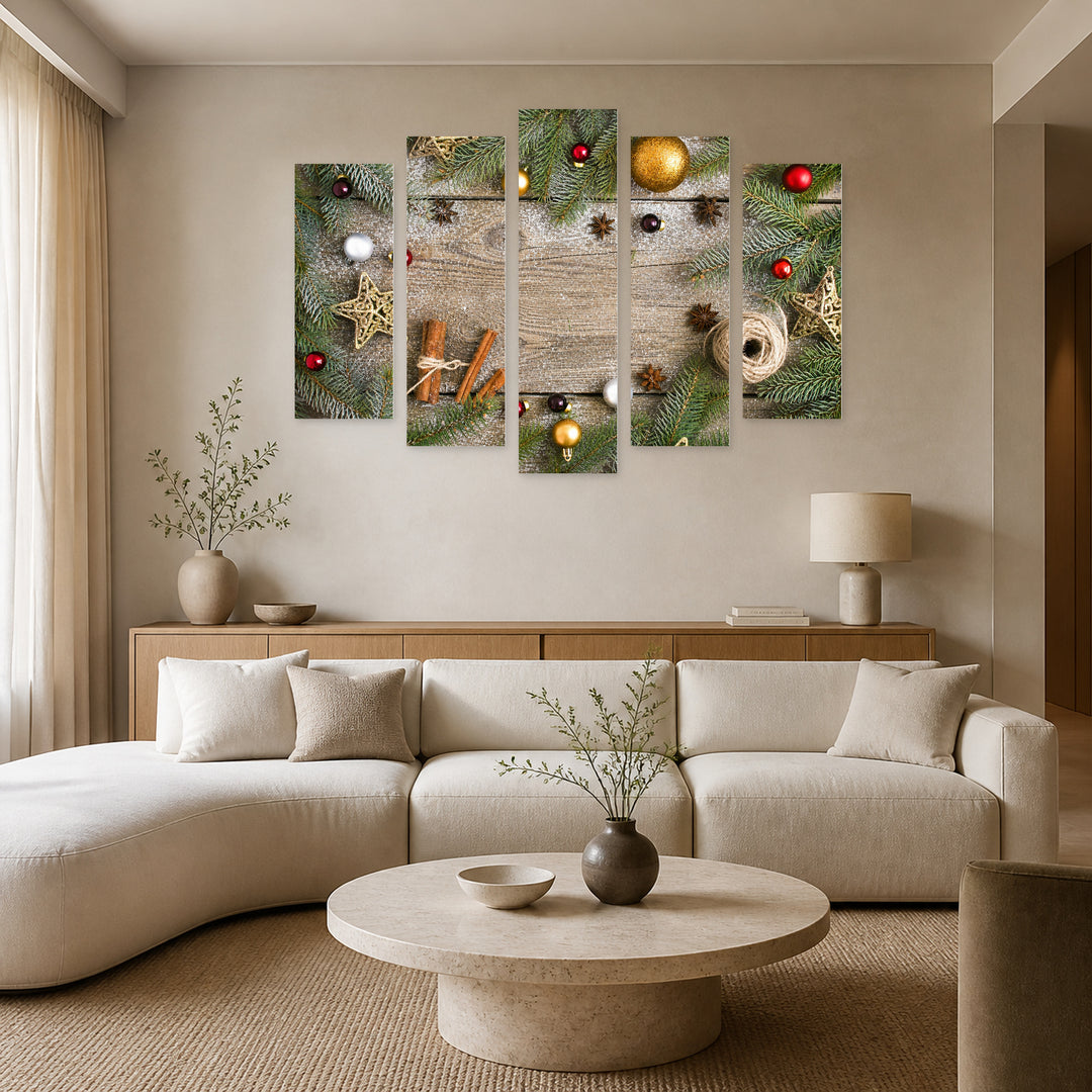 Christmas Decorations on Wooden Background Contemporary Study — five-panel wall art in frontal interior | 5wallart 52029 M3