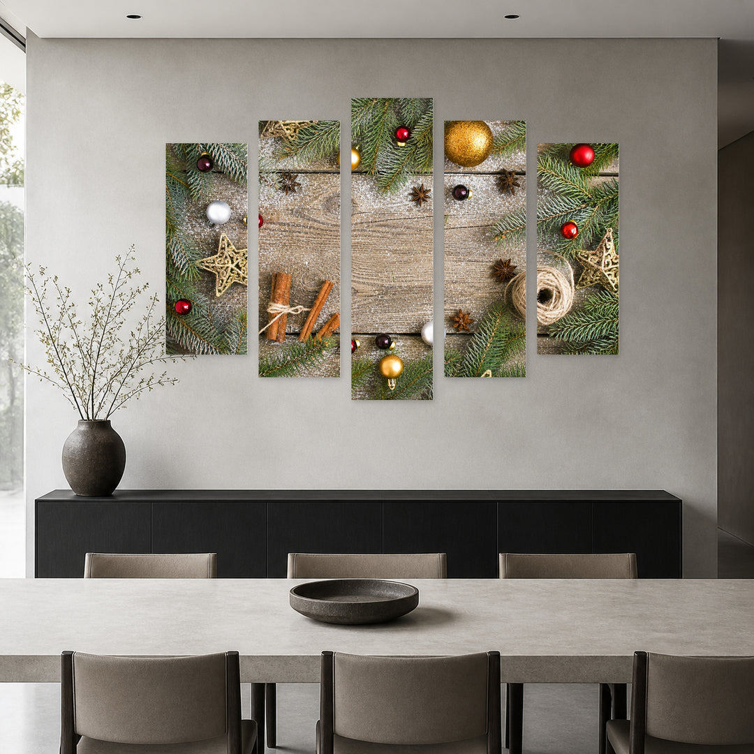 Christmas Decorations on Wooden Background Contemporary Study — five-panel wall art in alternate frontal interior | 5wallart 52029 M4