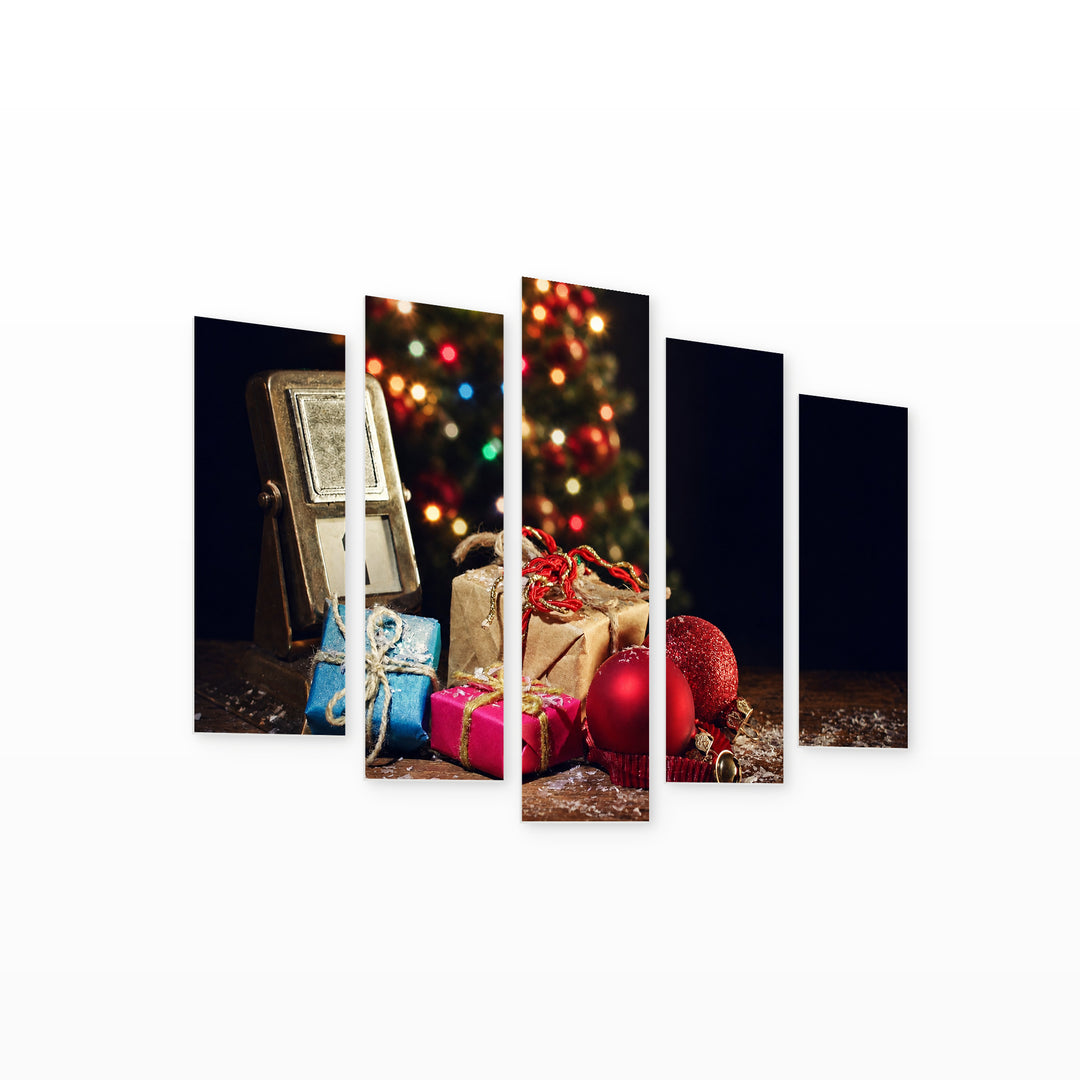 Christmas Gift in Serene Light — five-panel wall art on white background in perspective | 5wallart 52030 M1