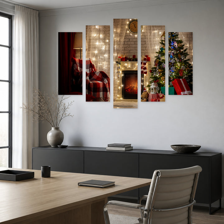 Christmas Tree with Presents Landscape Study — five-panel wall art in alternate frontal interior | 5wallart 52031 M4