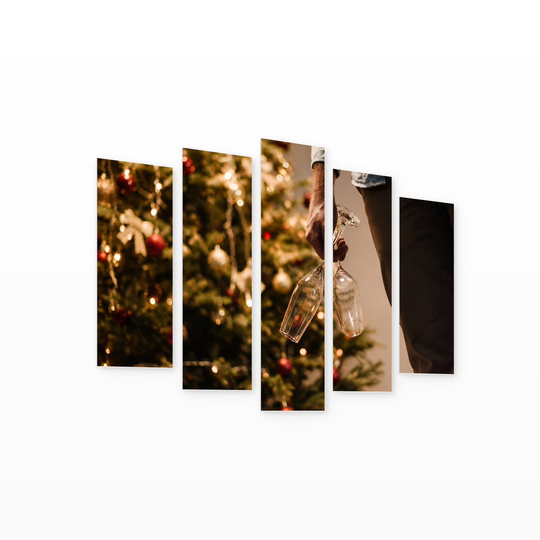 Champagne and Christmas Tree Still Life — five-panel wall art on white background in perspective | 5wallart 52033 M1