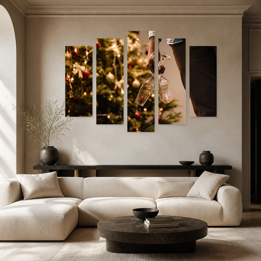 Champagne and Christmas Tree Still Life — five-panel wall art in frontal interior | 5wallart 52033 M3