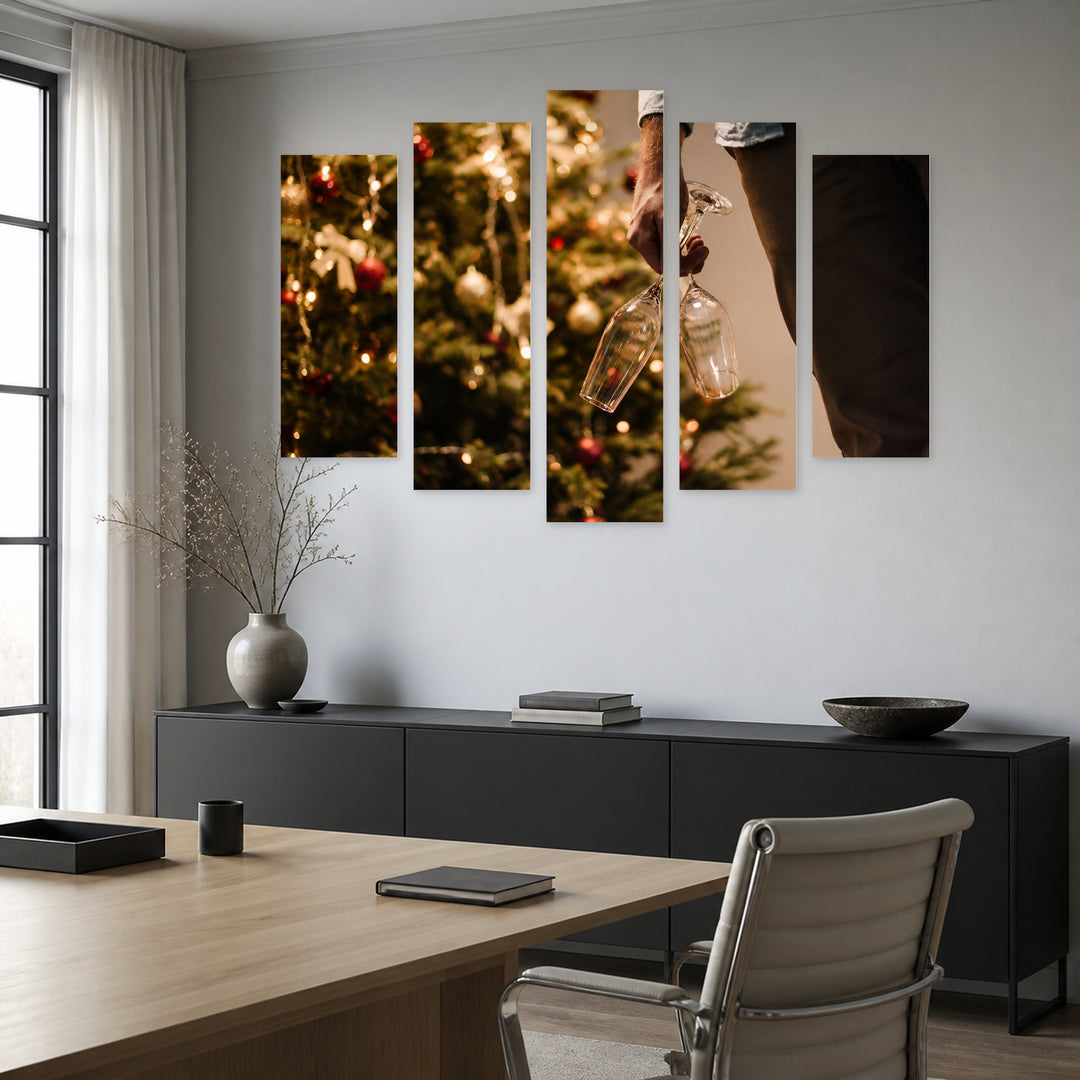 Champagne and Christmas Tree Still Life — five-panel wall art in alternate frontal interior | 5wallart 52033 M4