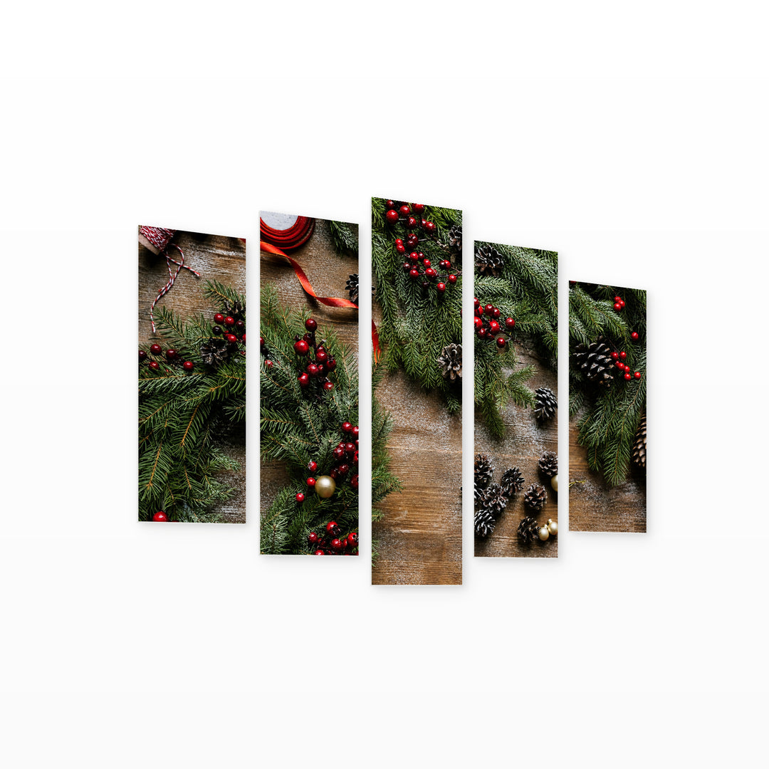 Christmas Tree and Pine Cones in Winter — five-panel wall art on white background in perspective | 5wallart 52034 M1