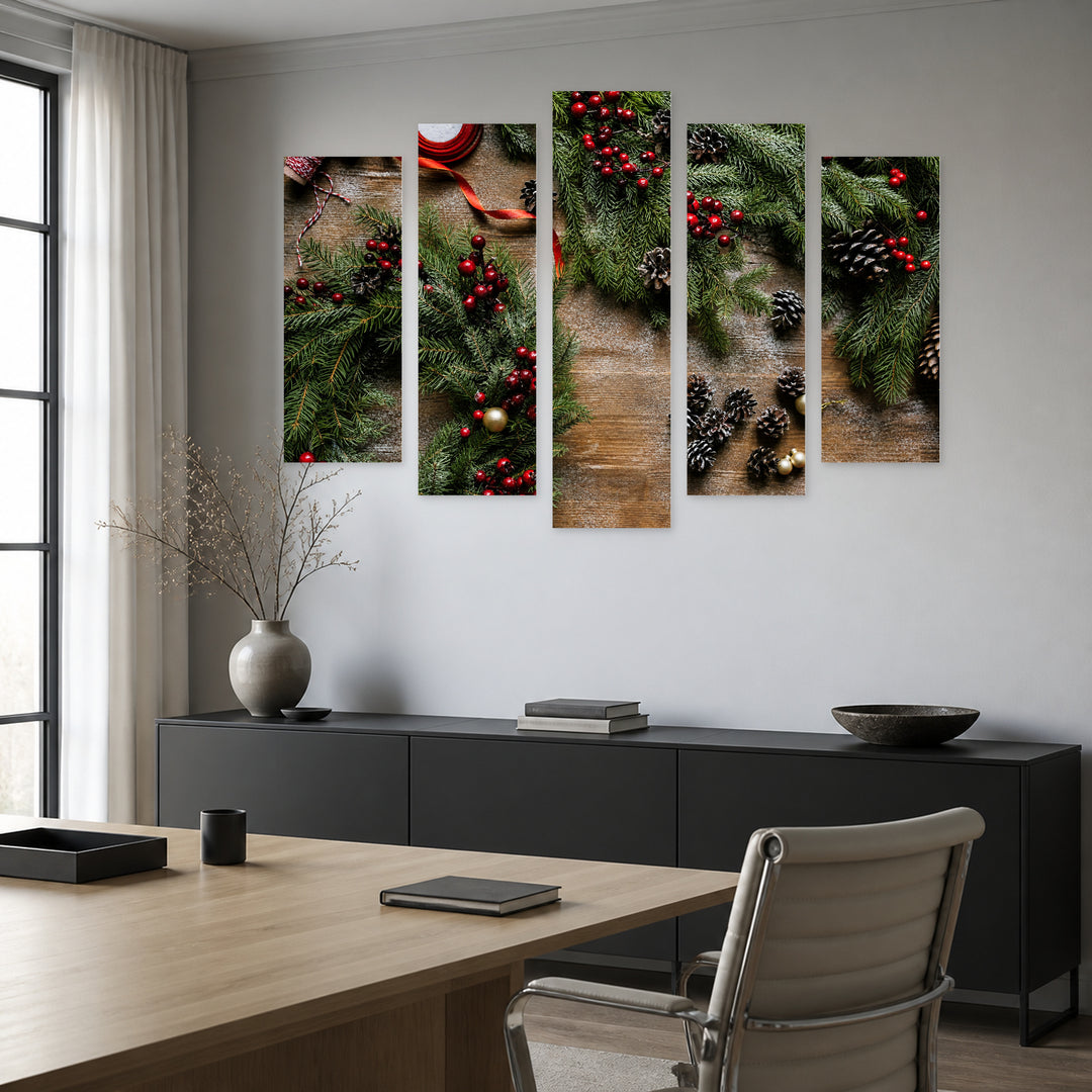 Christmas Tree and Pine Cones in Winter — five-panel wall art in frontal interior | 5wallart 52034 M3