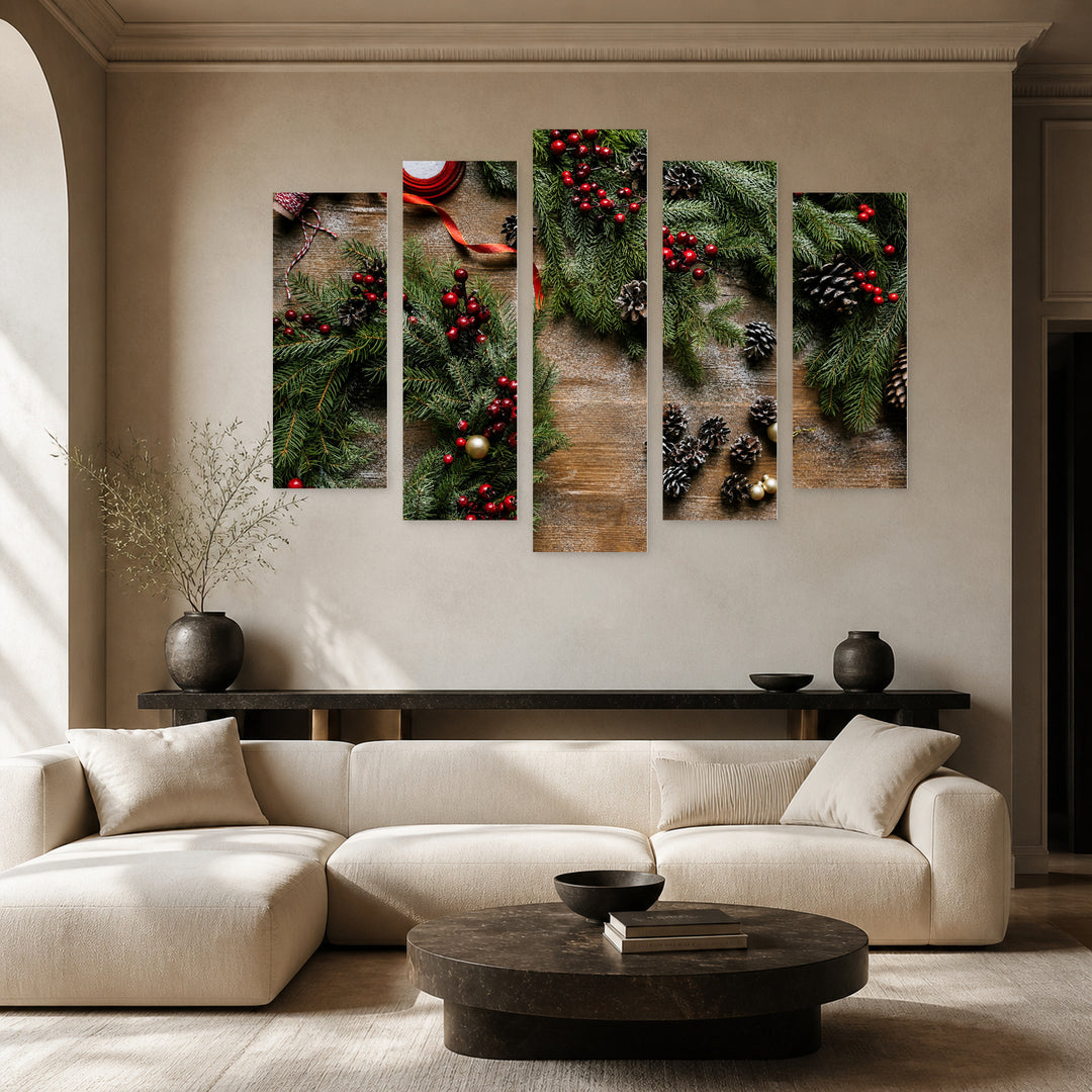 Christmas Tree and Pine Cones in Winter — five-panel wall art in alternate frontal interior | 5wallart 52034 M4