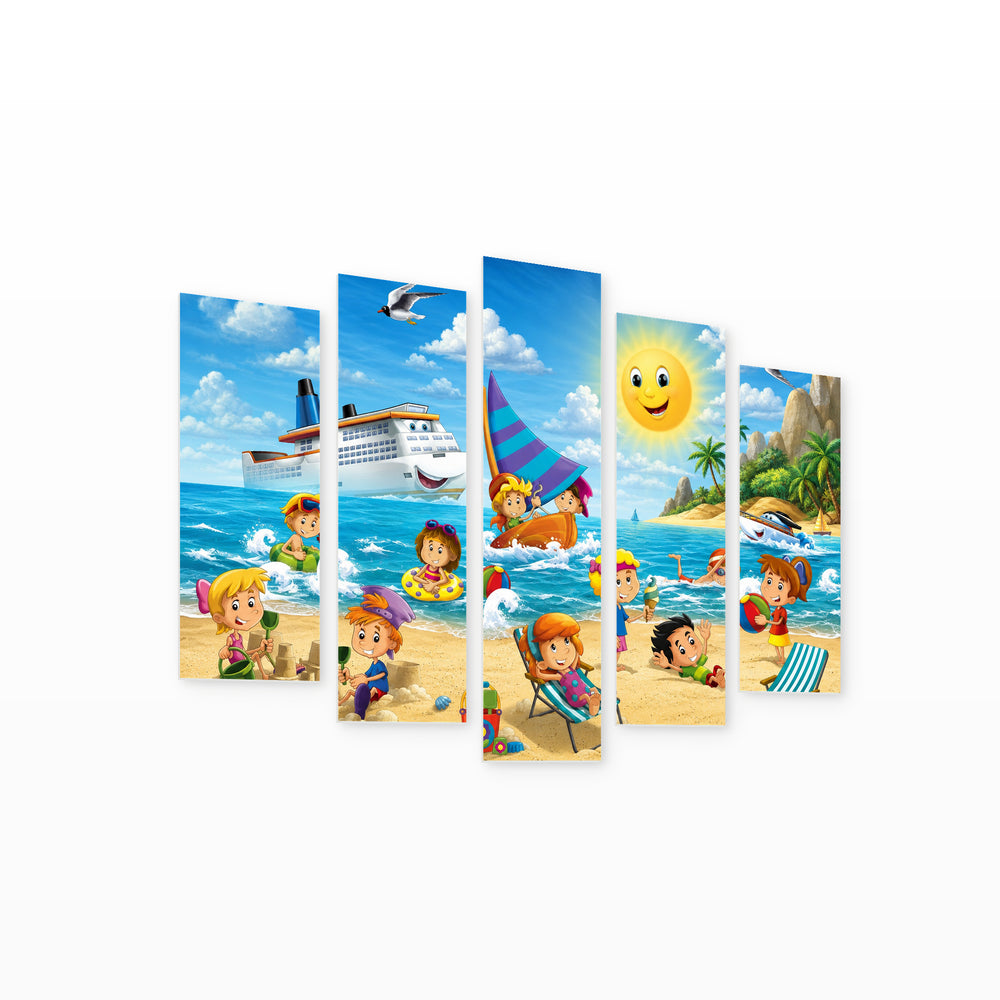 Happy Children's Beach Playful Illustration — five-panel wall art on white background in perspective | 5wallart 52042 M1