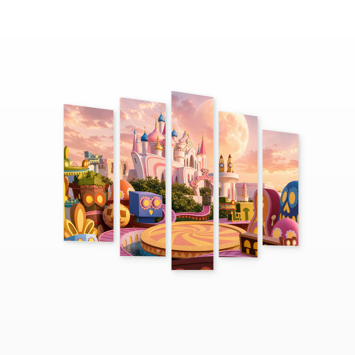 Magical Castle in Pink in Soft Pastels — five-panel wall art on white background in perspective | 5wallart 52043 M1