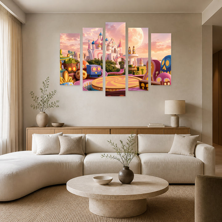 Magical Castle in Pink in Soft Pastels — five-panel wall art in frontal interior | 5wallart 52043 M3