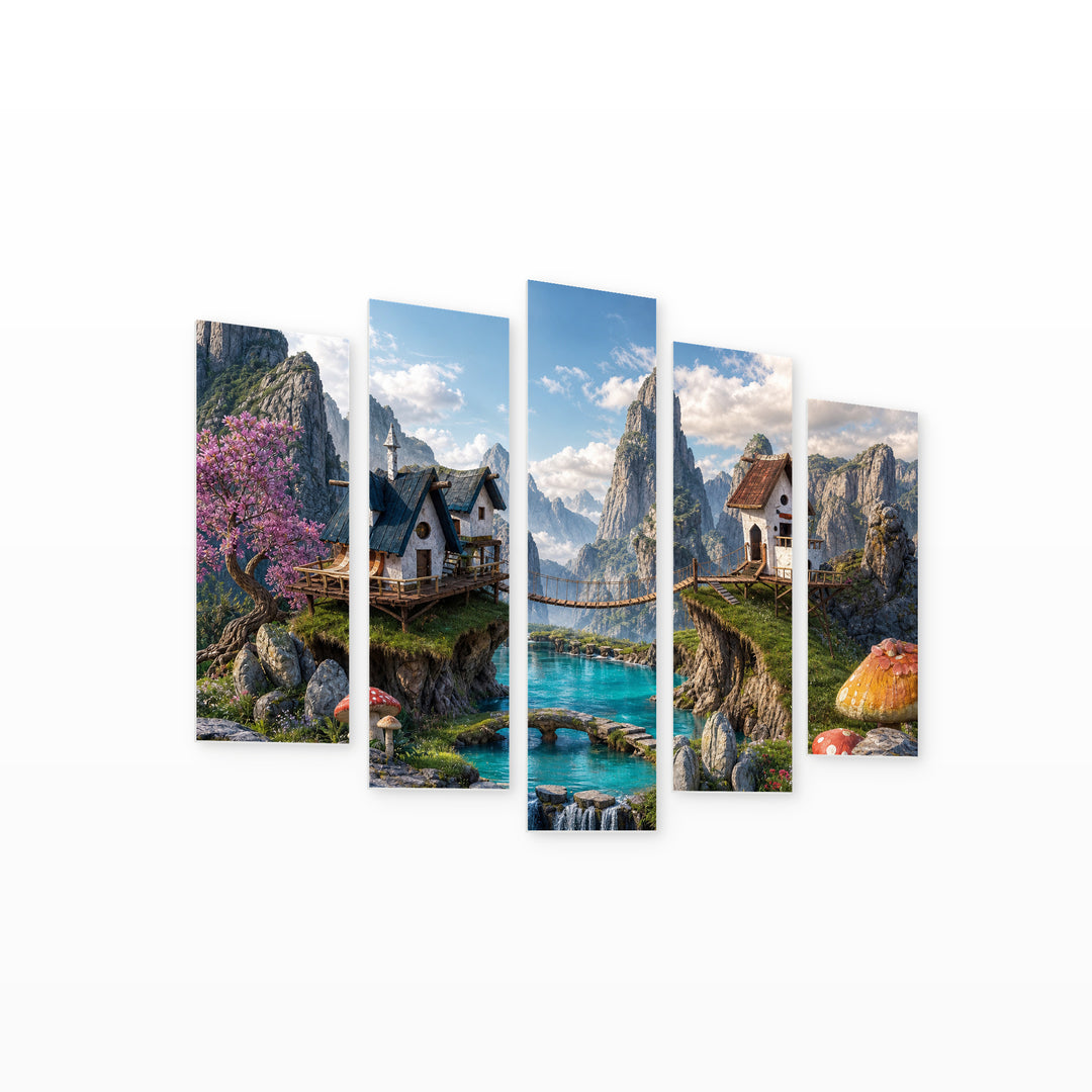Magical Bridge with Mountains and Waterfall Urban Panorama — five-panel wall art on white background in perspective | 5wallart 52045 M1