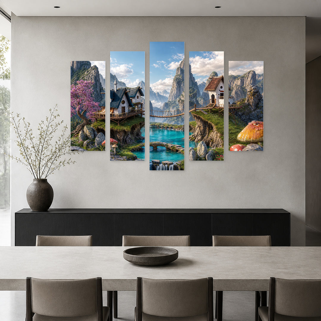 Magical Bridge with Mountains and Waterfall Urban Panorama — five-panel wall art in alternate frontal interior | 5wallart 52045 M4