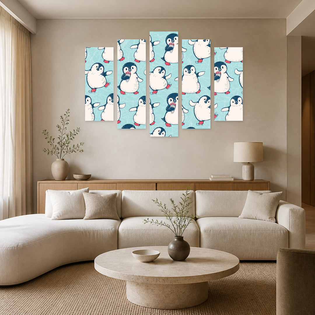 Happy Penguins in Winter — five-panel wall art in frontal interior | 5wallart 52047 M3