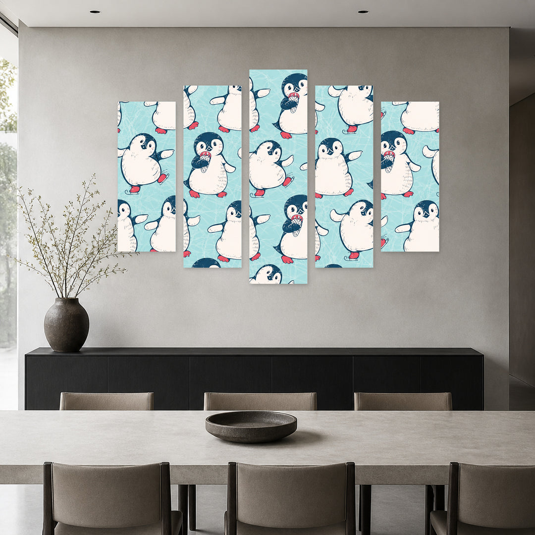 Happy Penguins in Winter — five-panel wall art in alternate frontal interior | 5wallart 52047 M4