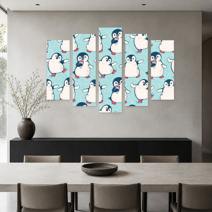 Happy Penguins in Winter — five-panel wall art in alternate frontal interior | 5wallart 52047 M4