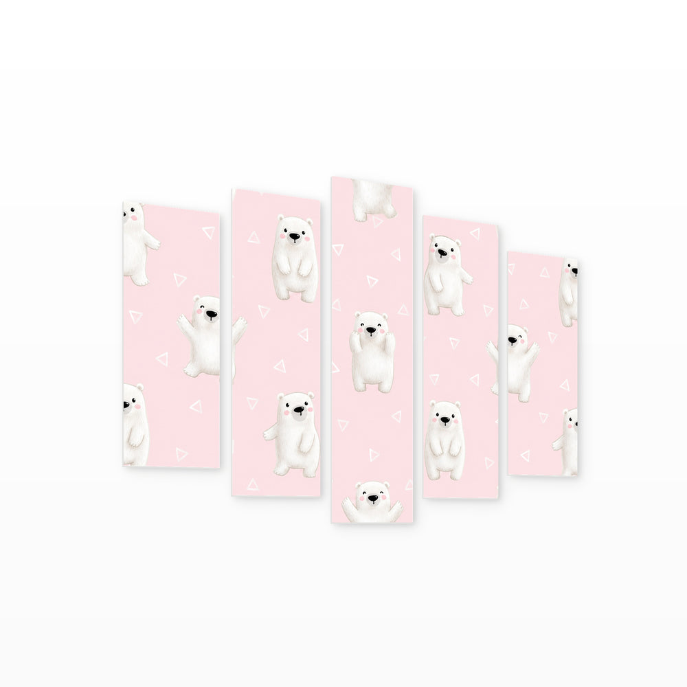 Happy Polar Bears with Geometric Rhythm — five-panel wall art on white background in perspective | 5wallart 52050 M1