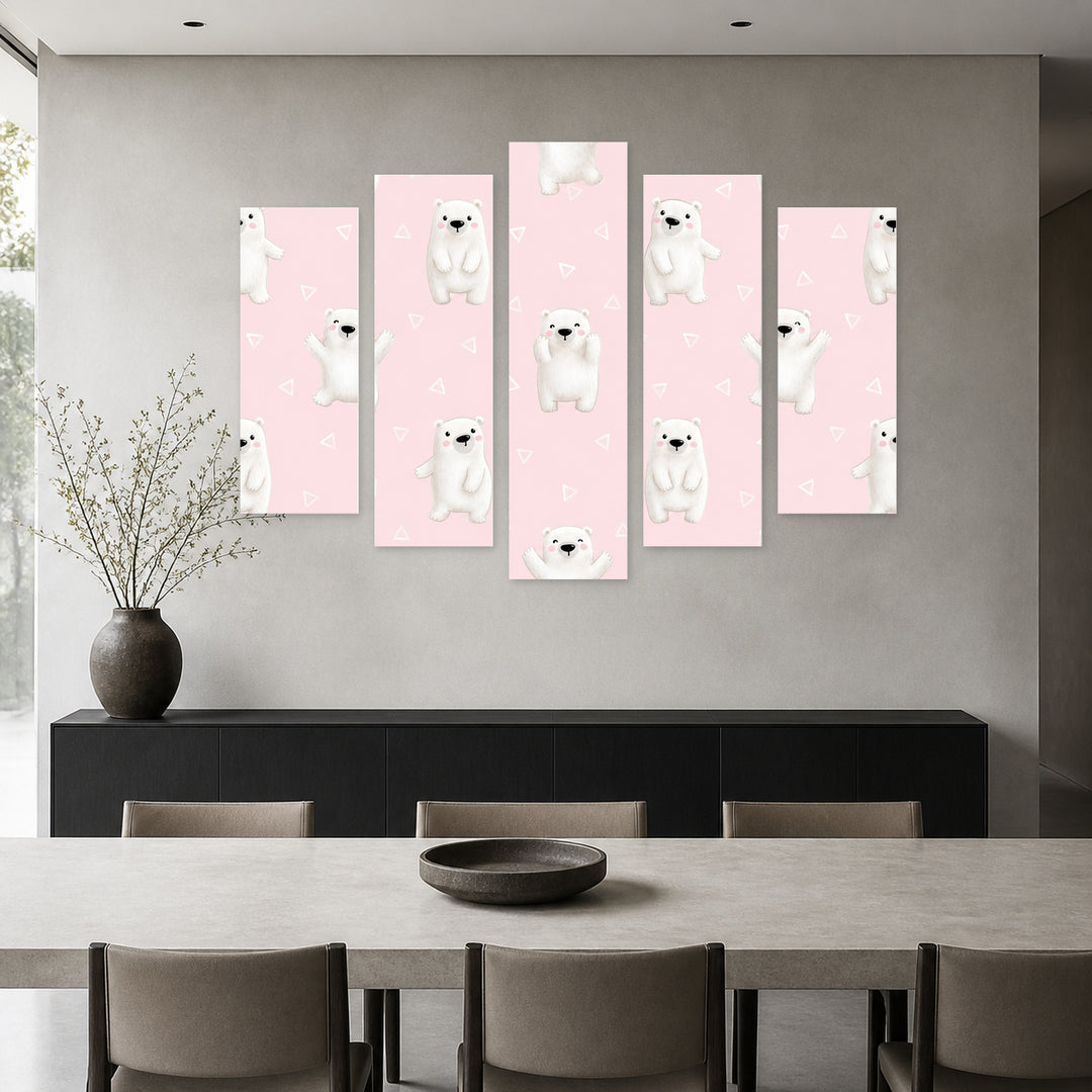Happy Polar Bears with Geometric Rhythm — five-panel wall art in frontal interior | 5wallart 52050 M3