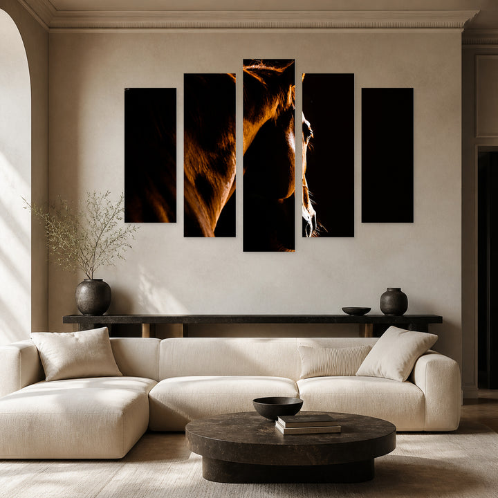Light Shadow of a Horse in Serene Light — five-panel wall art in frontal interior | 5wallart 52055 M3