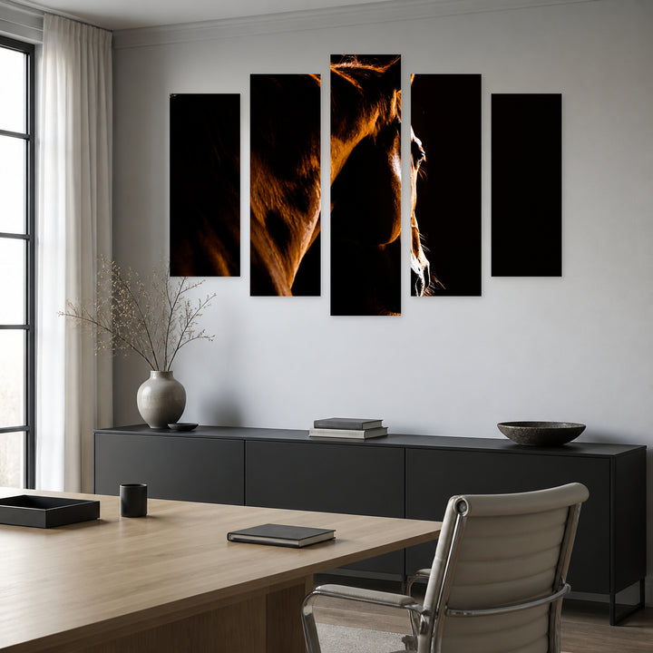 Light Shadow of a Horse in Serene Light — five-panel wall art in alternate frontal interior | 5wallart 52055 M4