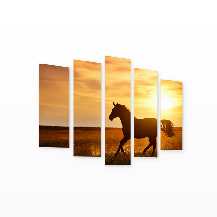 Golden Sunset over Wild Horse — five-panel wall art on white background in perspective | 5wallart 52056 M1