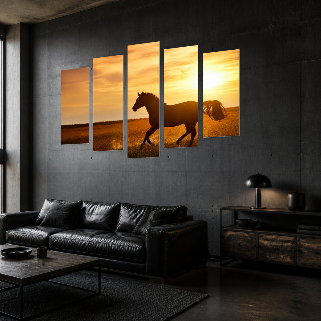 Golden Sunset over Wild Horse — five-panel wall art in perspective interior | 5wallart 52056 M2