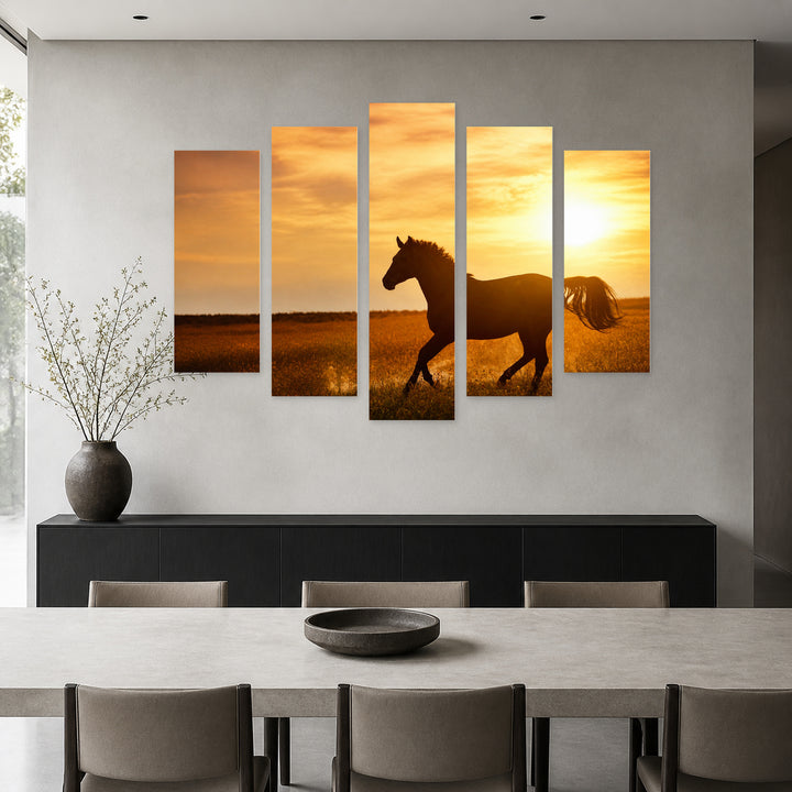 Golden Sunset over Wild Horse — five-panel wall art in frontal interior | 5wallart 52056 M3