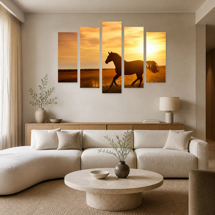 Golden Sunset over Wild Horse — five-panel wall art in alternate frontal interior | 5wallart 52056 M4