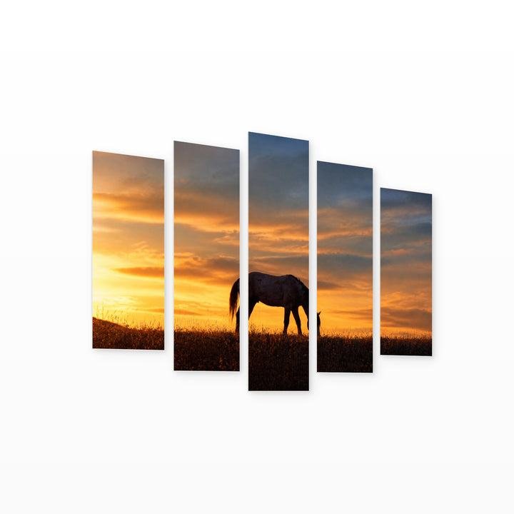 Horse Silhouette in Blue and Gold — five-panel wall art on white background in perspective | 5wallart 52057 M1