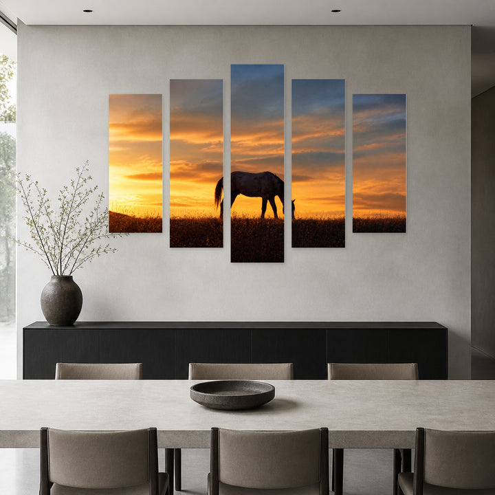 Horse Silhouette in Blue and Gold — five-panel wall art in alternate frontal interior | 5wallart 52057 M4