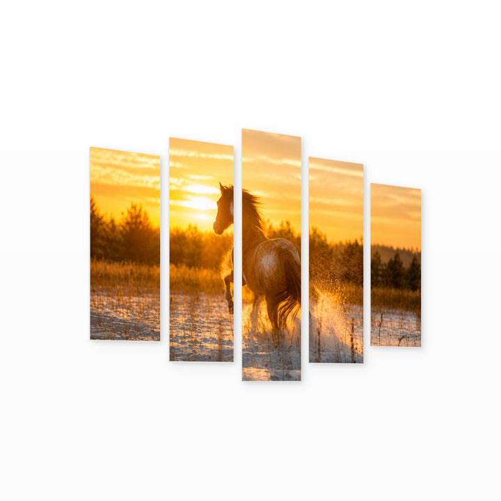 Golden Sunset over Horse on Snow — five-panel wall art on white background in perspective | 5wallart 52059 M1