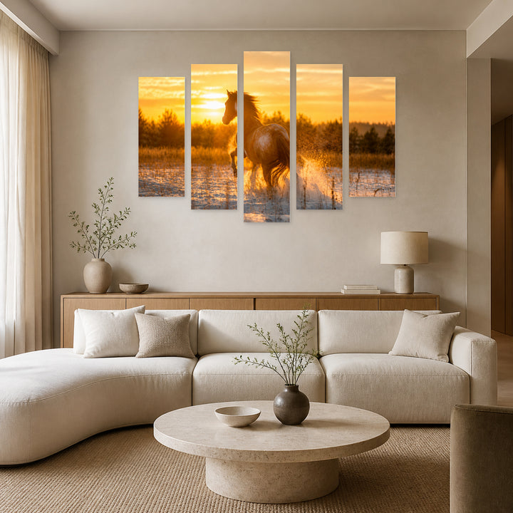 Golden Sunset over Horse on Snow — five-panel wall art in frontal interior | 5wallart 52059 M3