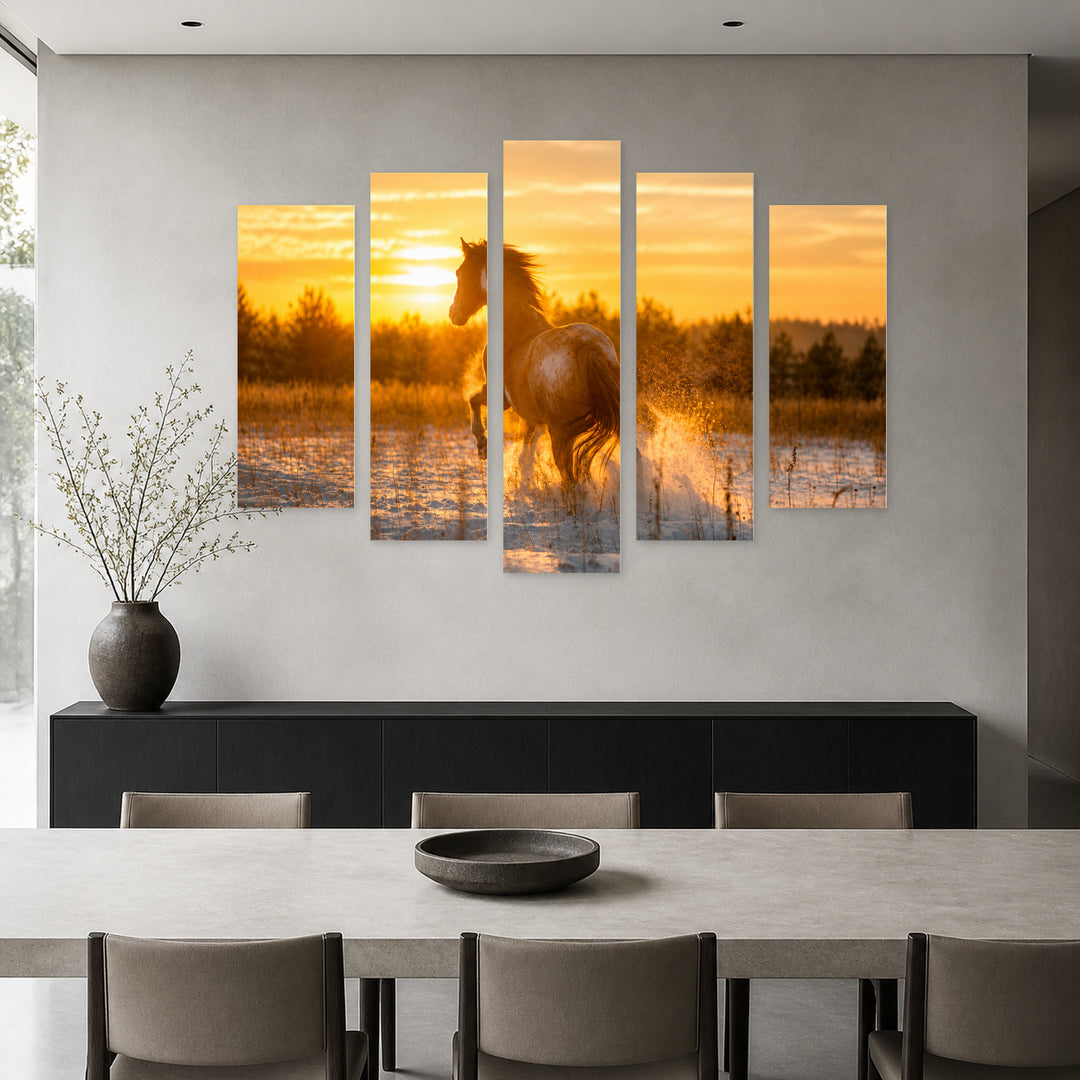 Golden Sunset over Horse on Snow — five-panel wall art in alternate frontal interior | 5wallart 52059 M4