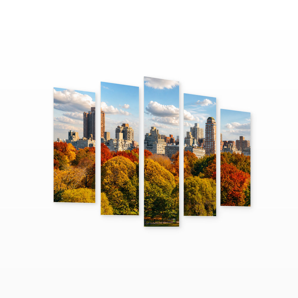 Autumn in Central Park with Dreamlike Atmosphere — five-panel wall art on white background in perspective | 5wallart 52063 M1