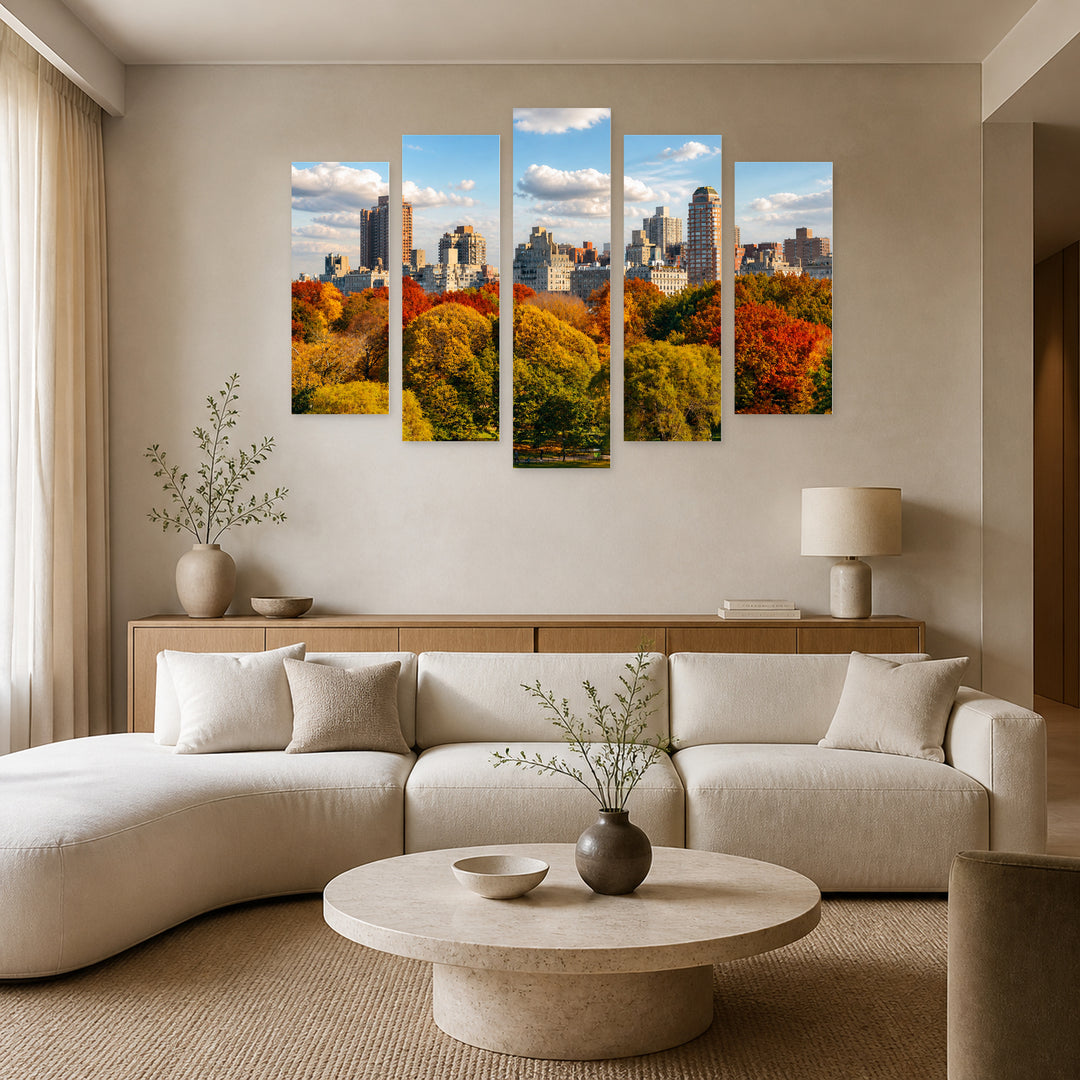 Autumn in Central Park with Dreamlike Atmosphere — five-panel wall art in frontal interior | 5wallart 52063 M3