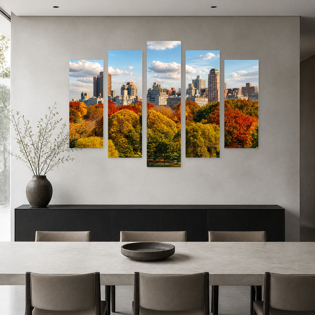 Autumn in Central Park with Dreamlike Atmosphere — five-panel wall art in alternate frontal interior | 5wallart 52063 M4