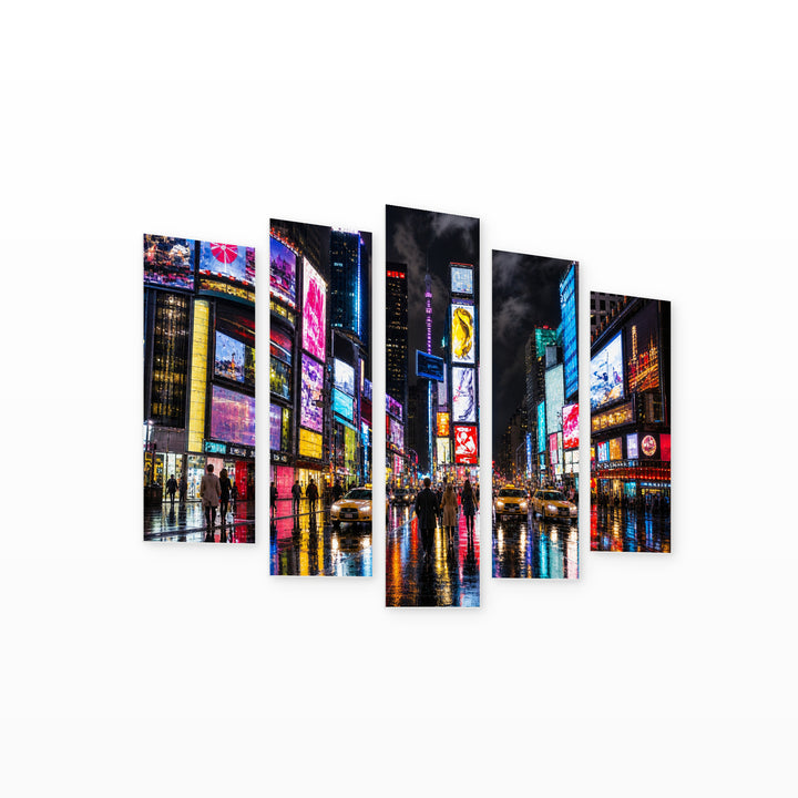 Night View of Times Square Urban Panorama — five-panel wall art on white background in perspective | 5wallart 52066 M1