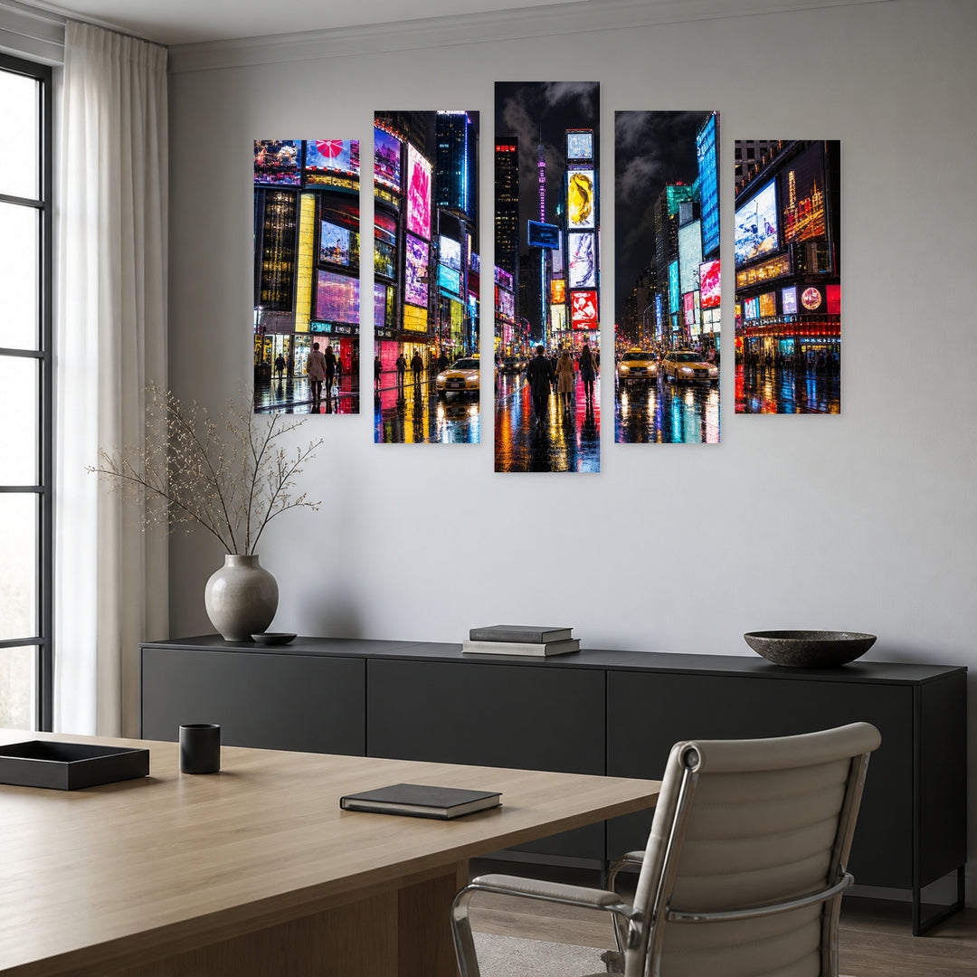 Night View of Times Square Urban Panorama — five-panel wall art in frontal interior | 5wallart 52066 M3